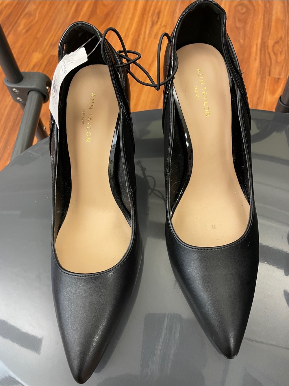 Ann Taylor Black Pointed-Toe Lace-Up Pumps